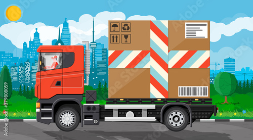 Delivery van with big cardboard box at cityscape background. Express delivering services commercial truck. Concept of fast free delivery by car. Cargo and logistic. Cartoon flat vector illustration