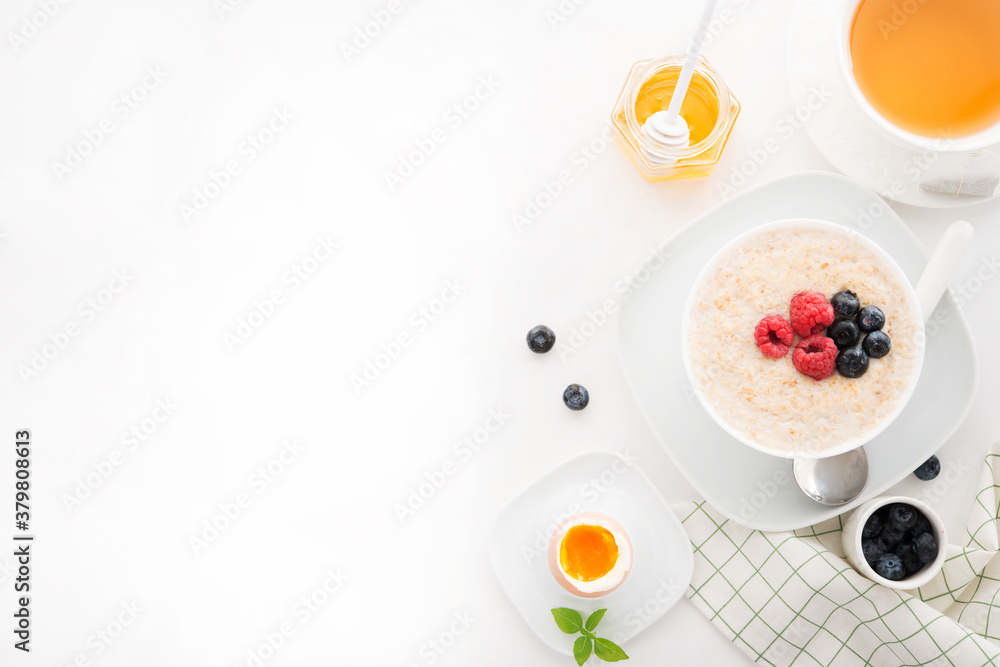 Healthy Breakfast on a white background, copy space Healthy Breakfast on a white background, copy space