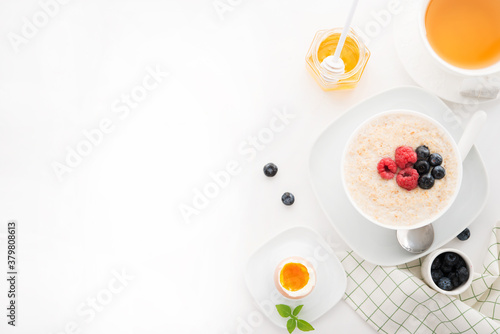 Healthy Breakfast on a white background, copy space