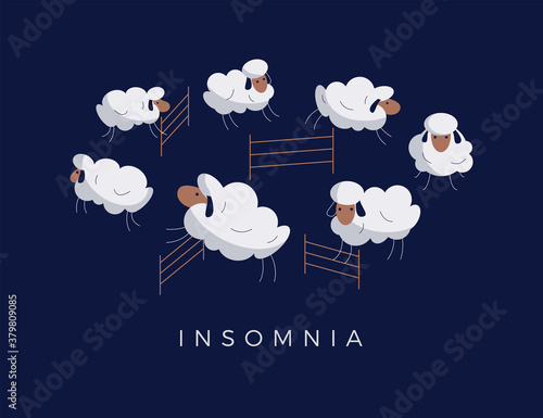 Cartoon sheep jumping over fence on night background. Insomnia, sleep disorder, sleeplessness, dream, trying to sleep, counting the sheep concept. Vector modern cute animal illustration in flat design