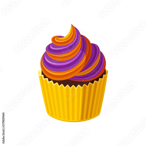 Halloween cupcake with swirled cream. Orange and purple treat for Halloween party. Vector illustration in cute cartoon style