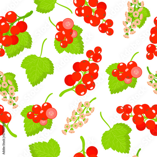 Vector cartoon seamless pattern with Ribes rubrum or Redcurrant exotic fruits, flowers and leafs on white background