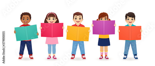 Smiling cute kids boys and girls holding books isolated vector illustration. Multiethnic happy children reading.
