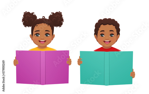 Happy african cute kids boy and girl reading book isolated vector illustration