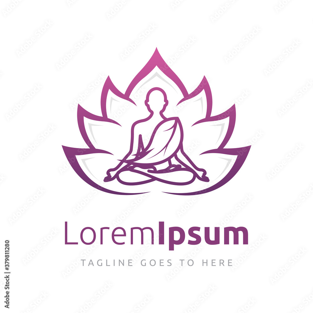 Yoga logo vector, a man meditation into Lotus flower.