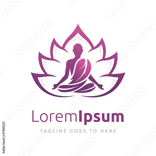 Yoga logo vector  a man meditation into Lotus flower.
