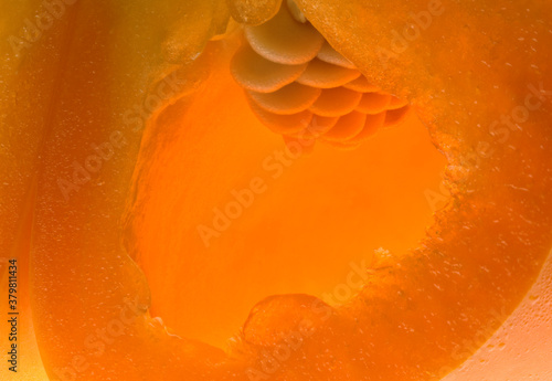 Closeup macro photograph of an interior chamber and seed cluster of an orange bell pepper (Capsicum annuum) photo