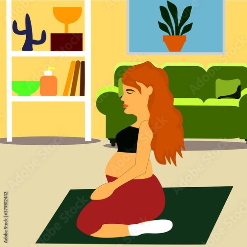 Beautiful Pregnancy women doing yoga at home during the time of quarantine, due to outbreak of coronavirus, covid-19.
