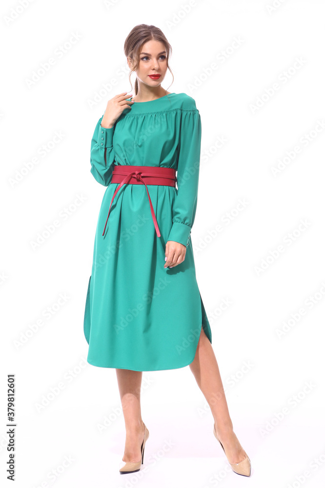 business lady in official formal clothes green dress with red belt high heel shoes full body photo isolated on white business lady in official formal clothes green dress with red belt high heel shoes full body photo isolated on white
