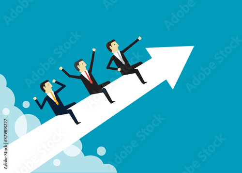 Business people riding on arrow rocket