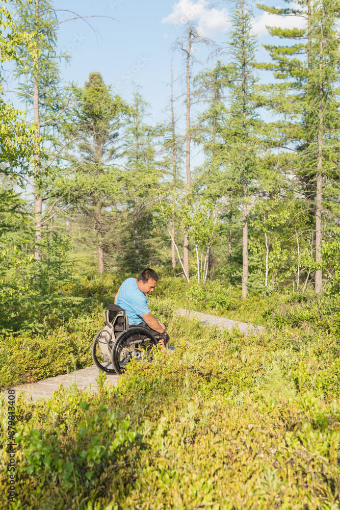 Man in wheel chair explore nature on guided trail Man in wheel chair explore nature on guided trail