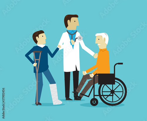 Doctor take care boy broken leg and old man in wheelchair