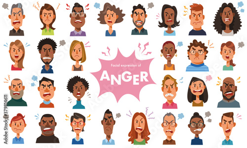 Facial expressions of anger. Angry men and women. Set of diverse people on white background. Vector illustration in flat cartoon style.