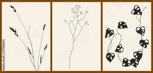 A set of three abstract minimalist aesthetic floral illustrations. Black silhouettes of plants on a light background. Modern monochrome vector posters for social media, web design in vintage style.