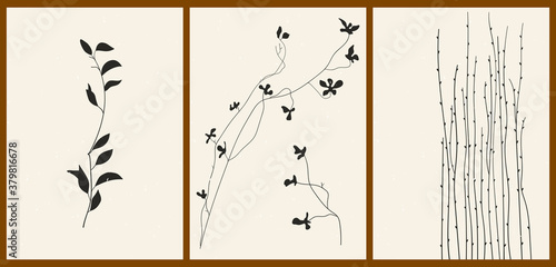 A set of three abstract minimalist aesthetic floral illustrations. Black silhouettes of plants on a light background. Modern monochrome vector posters for social media, web design in vintage style.