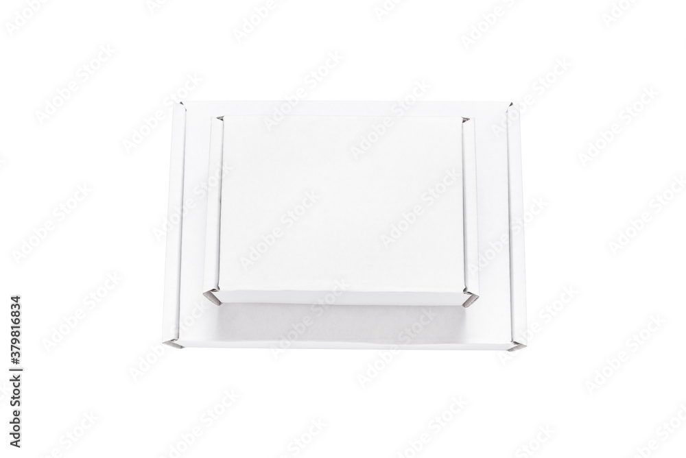 Set of two white cardboard flat postal box, case, isolated Set of two white cardboard flat postal box, case, isolated