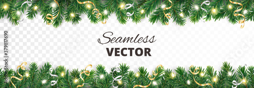 Seamless holiday decoration. Christmas tree border with lights garland. Festive frame isolated on white. Celebration vector background. For winter season banners, New Year headers, party posters.