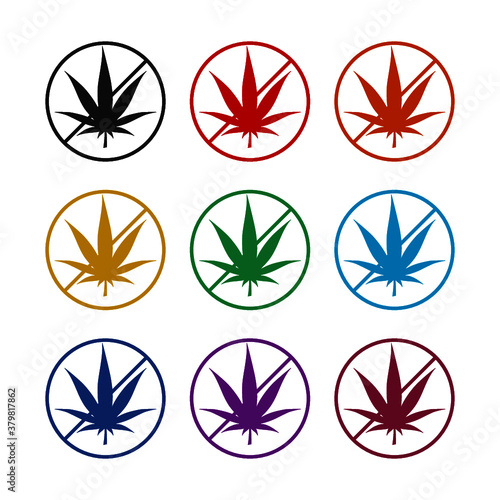 Stop marijuana or cannabis leaf icon, color set