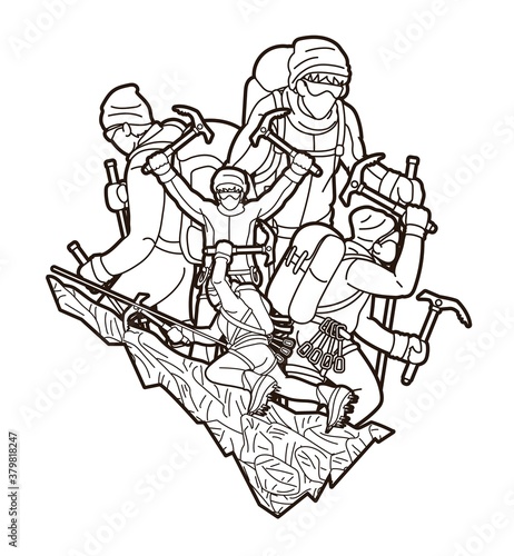 Group of people Hiker climbing mountain hiking cartoon graphic vector	