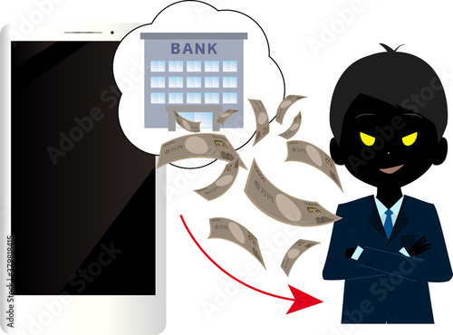 スマホから不正にお金を引き出す悪い人のイラスト