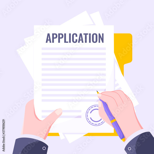 Application document form submit flat style design icon sign vector illustration isolated on light purple background. Complete application or survey document business concept with text contract stamp.