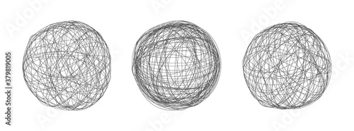 Tangle chaos abstract hand drawn messy scribble sphere ball vector illustration set. Random chaotic dynamic scrawl lines. Wild emotion irregular pattern isolated on white background.