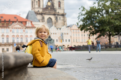 Cute child, boy, visiting Prague after the quarantine Covid 19