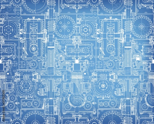 Seamless technical pattern, blueprint , a background of worm gears and other gears combined into a fantastic machinery. Vintage Graph Paper