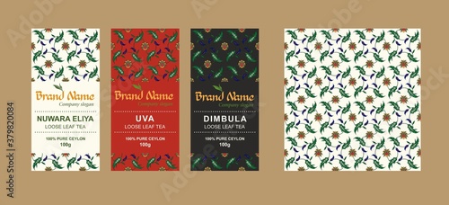 Template for creating packaging design for elite Ceylon, Indian tea in national style. Bonus - ethnic seamless pattern.