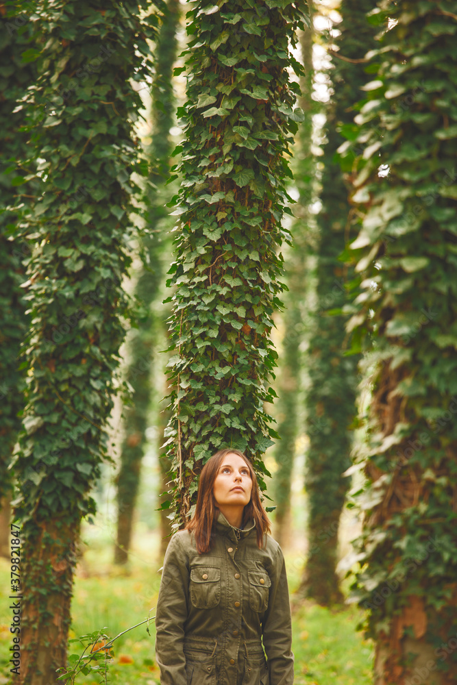 Young woman looking up on an autumnal forest. Young woman looking up on an autumnal forest.