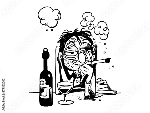 Alcoholic man,person with a bottle of wine,person with cigar