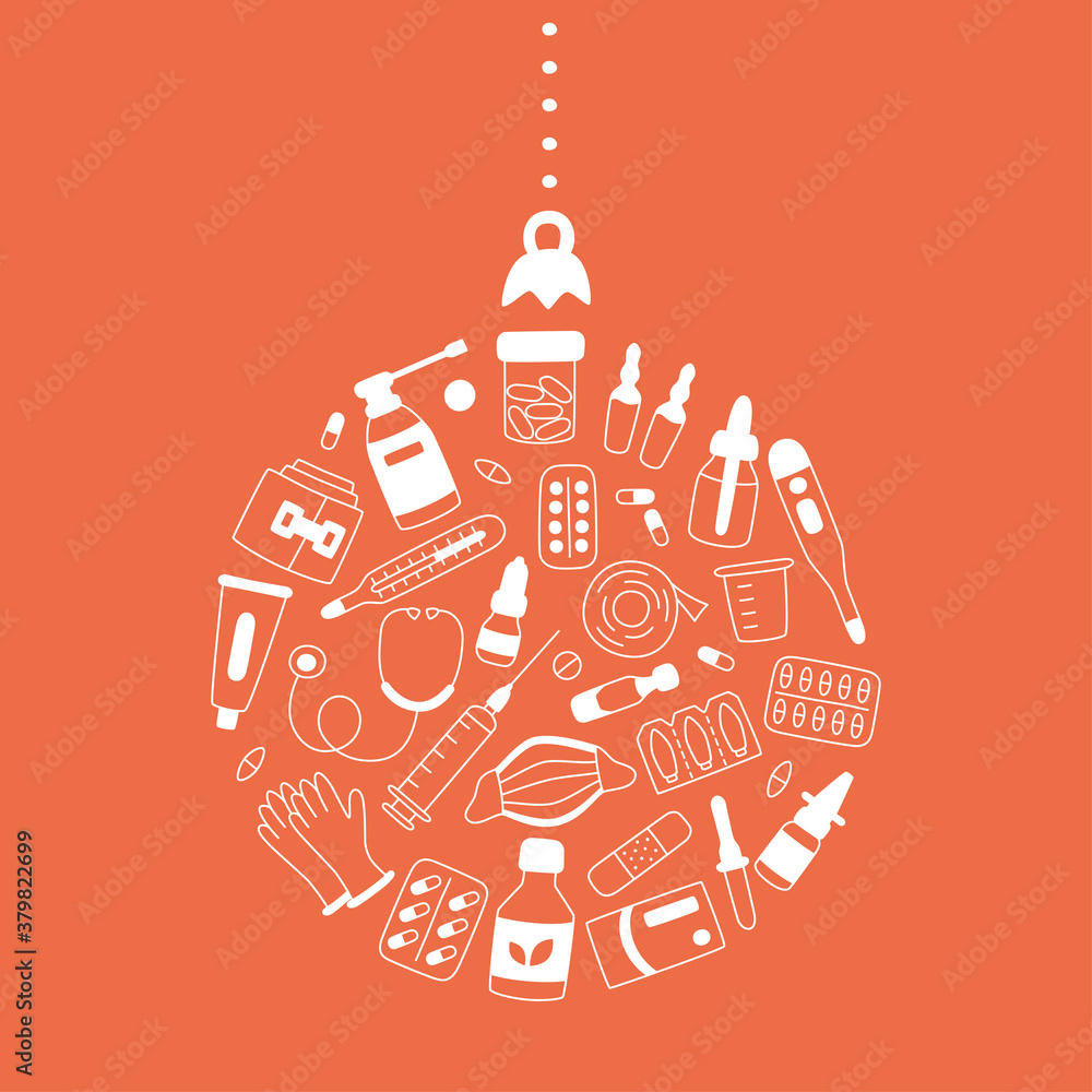 Meds, drugs, pills, bottles and health care medical elements in christmas tree ball shape. Vector illustration in circle shape Meds, drugs, pills, bottles and health care medical elements in christmas tree ball shape. Vector illustration in circle shape
