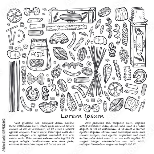 Hand drawn illustration with different types of pasta. Vector food sketch. May use as a coloring page