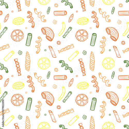 Seamless pattern with different types of pasta. Vector food illustration. May use as a coloring page