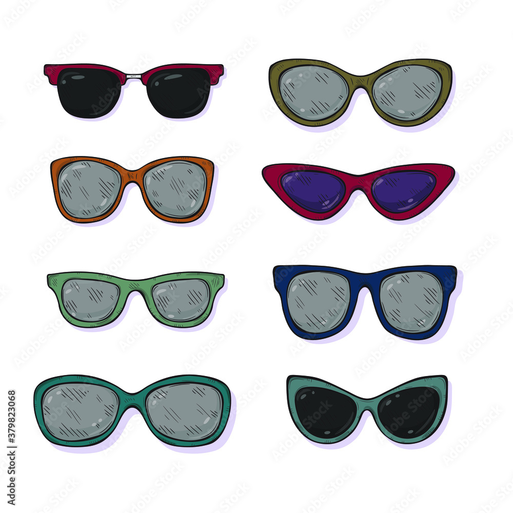 Set of cute hand drawn sunglasses different shapes. Vector sketch style. 
