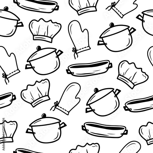 Seamless pattern with hand drawn cooking pan, baking dish, potholder and chef hat on a white background. Doodle, simple outline illustration. It can be used for decoration of textile, paper.