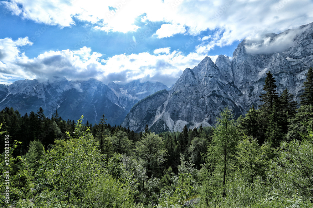 Panorama of Slovenian Alps near Triglav on sunny day with clouds