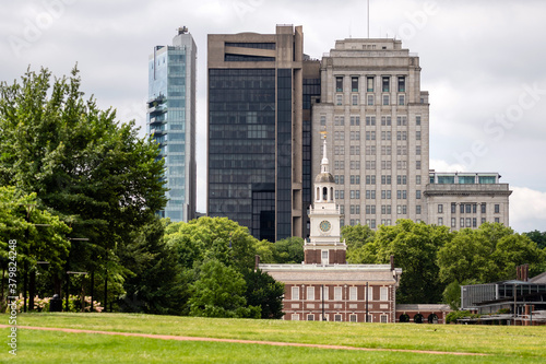 Independence Hall north facade against the backdrop of a modern city, Philadelphia, Pennsylvania, USA