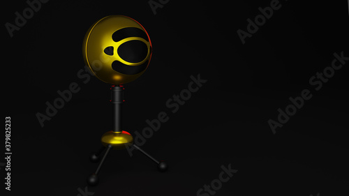 Side view 3d rendering of a stylish golden table mic with black plastic legs placed on a black background with red rim lighting
