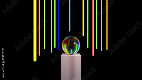 Abstract 3d rendering of a glass ball surrounded by vertical hanging neon light lines with black background