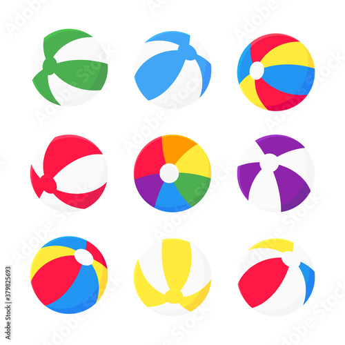 Bouncing beach balls set flat style design vector illustration icon signs isolated on white background. Retro styled inflatable toys for summer games or holidays.
