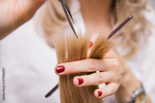 A young woman cuts her hair with scissors. The girl combs her hair. Professional hair care products.