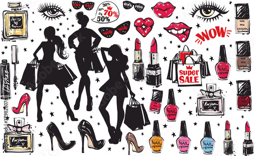Super big vector glamour fashion sketch set in vogue style.