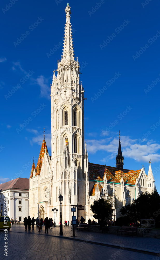 Lush Gothic architecture of Matthias Church on Buda hill, Hungary