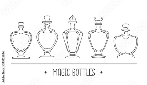 Modern magic witchcraft card with different glass bottles on space background. Vector illustration