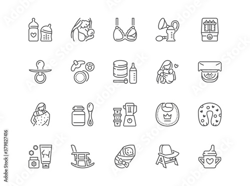 Breastfeeding line icons set. Mother breast feeding baby, powdered milk, pump, sling, infant food bottle sterilizer vector illustrations. Outline flat signs for motherhood, nursing room