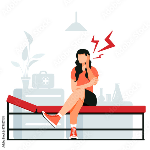 Woman suffering from earache flat cartoon illustration. Medical banner. Hearing problems, vertigo, tinnitus, otitis concept design.