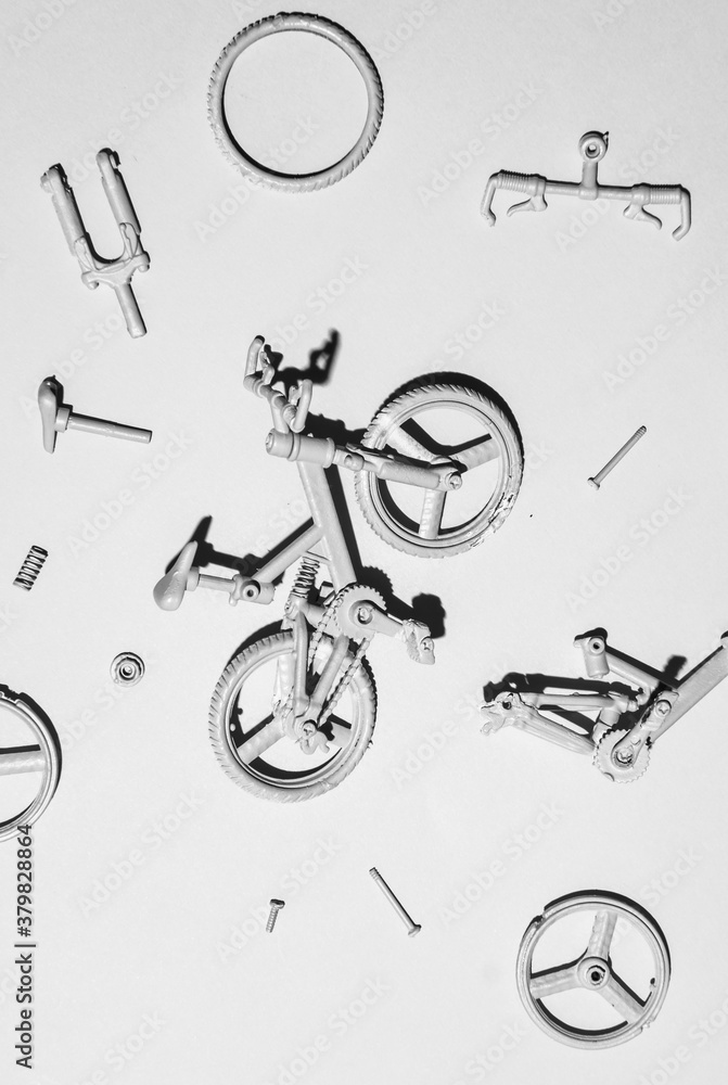 White bicycle with parts on white background. White bicycle with parts on white background.