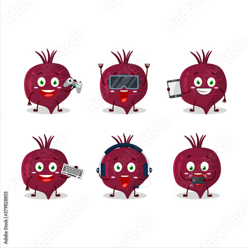 Beet root cartoon character are playing games with various cute emoticons