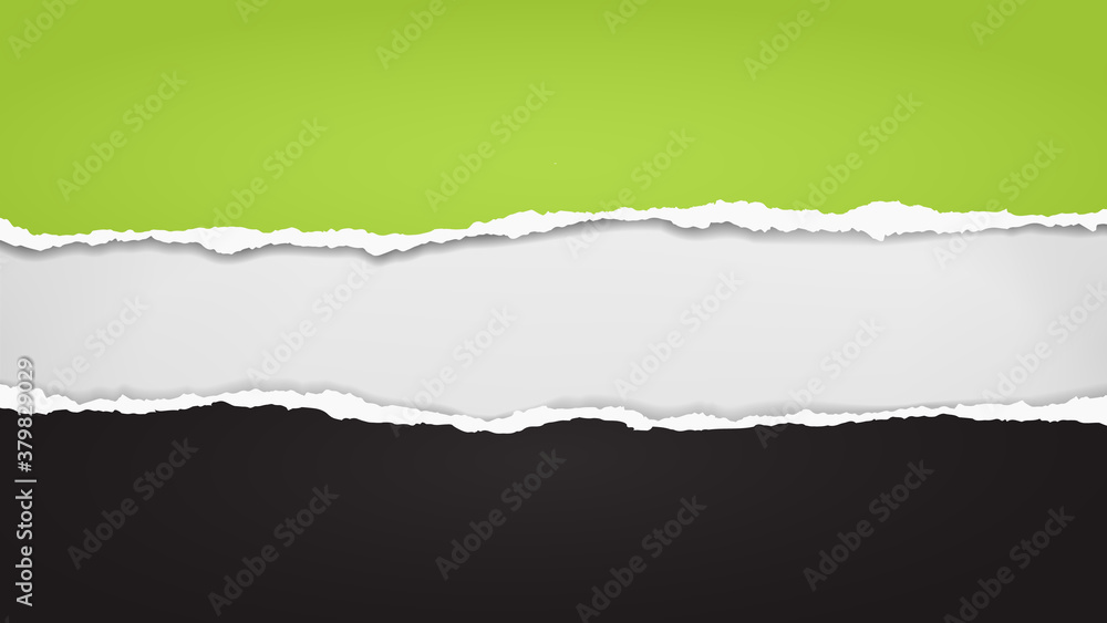 Torn of green and black paper pieces are on white background for text, advertising or design. Vector illustration